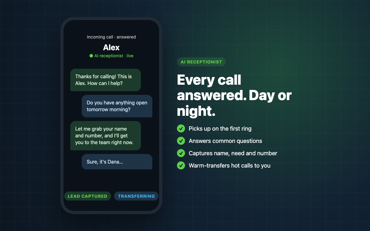 AI receptionist answering a customer call and capturing the lead